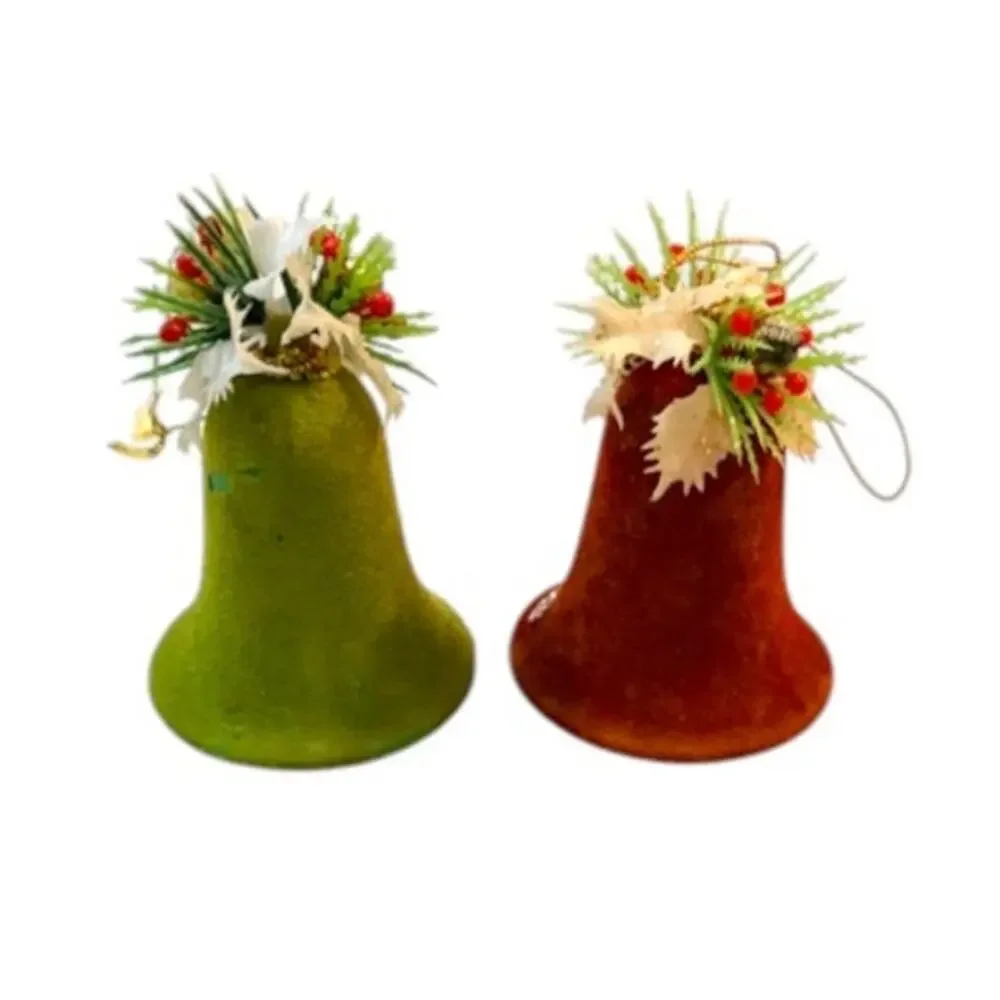Vintage Hong Kong Flocked Bell Christmas Ornaments Angel Child Diorama Pair 60s
